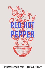 Red hot chili peppers in vintage style. Salad ingredients. Farm vegetable logo label . Vector illustration. Hand drawn engraved retro sketch. Doodle style