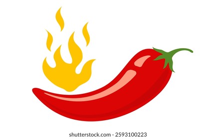 Red hot chilli pepper with fire. Vector icon of jalapeno or chilli pepper. Chili pepper for Thai or Mexican food.