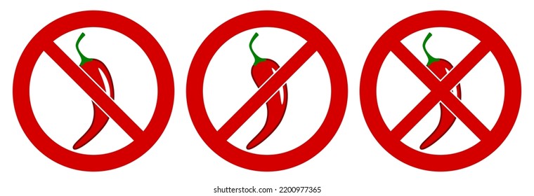 Red hot chilli pepper icon in red crossed circle, doublecrossed sign as well. No spicy food symbol