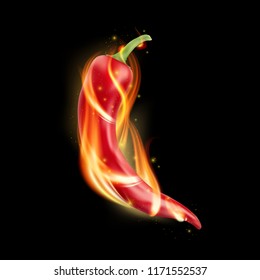 Red hot chilli pepper on black background with flames - vector illustrations