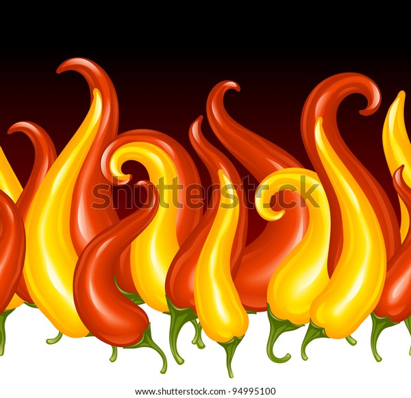 Red Hot chili pepper in the shape of fire. Seamless horizontal background wallpaper. 