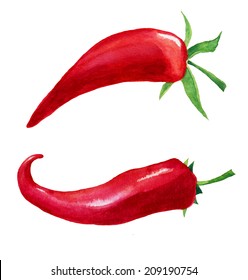 Red hot chilli pepper watercolor vector set isolated on white background