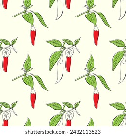 Red hot chilli peppers branch hand drawn pattern. Red and green colors. Vector illustration