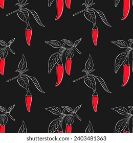 Red hot chilli peppers capsicum branch hand drawn pattern on black background. White contour and red color. Vector illustration