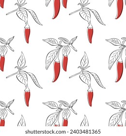 Red hot chilli peppers capsicum branch hand drawn pattern on white background. Black contour and red color. Vector illustration