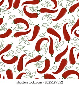 Red hot chilli peppers. Fresh vegetables seamless pattern. Vector minimal illustrations template for your design. Pattern for kitchen textiles, packaging, paper on a white background.