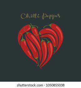 Red hot chilli peppers in a heart shape on the black background. Isolated vector illustration.