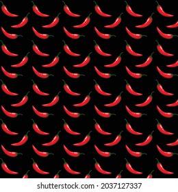 Red hot chilli peppers on black background,seamless vector pattern.Hot spicy red chili pepper pattern. Organic spices for mexican or asian dishes. Chilli paper red spicy hot taste and flavor pattern. 