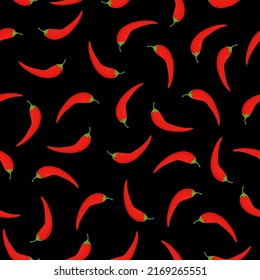 Red hot chilli peppers seamless pattern. Vector illustration on black background.