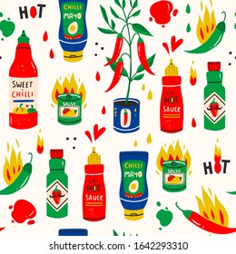 Red hot Chilli sauces. Red and green Hot Chili peppers. Various spicy dressings. Different bottles. Hand drawn colored vector Seamless Pattern. Background texture