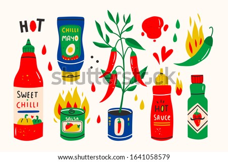 Red hot Chilli sauces. Red and green Hot Chili peppers. Various spicy dressings. Different bottles. Hand drawn colored vector illustration. All elements are isolated. 