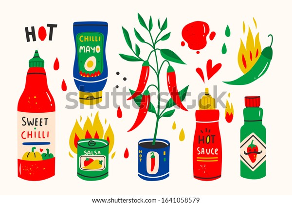 Red hot Chilli\
sauces. Red and green Hot Chili peppers. Various spicy dressings.\
Different bottles. Hand drawn colored vector illustration. All\
elements are isolated. 