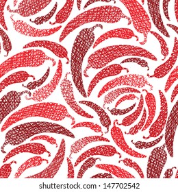 Red Hot Chilly Peppers seamless pattern, Mexican food theme seamless background, vector, hand drawn lines textures used.