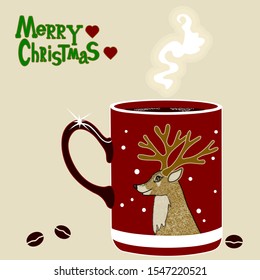 Red  Hot coffee cup with brown handle, picture of a reindeer with horns and snow flakes,  mug with vapor along, beans lying around. Winter holiday with Merry Christmas text and hearts
