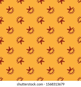 Red Hot and cold symbol. Sun and snowflake icon isolated seamless pattern on brown background. Winter and summer symbol.  Vector Illustration