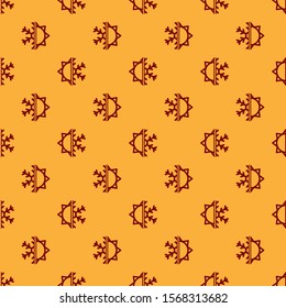 Red Hot and cold symbol. Sun and snowflake icon isolated seamless pattern on brown background. Winter and summer symbol.  Vector Illustration