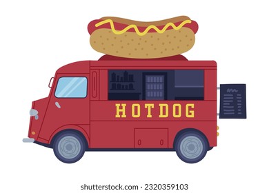 Red Hot Dog Food Truck as Equipped Motorized Vehicle for Cooking and Selling Street Food Vector Illustration