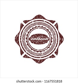 Red hot dog icon inside distress rubber seal with grunge texture
