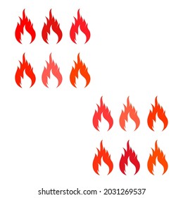 Fuego rojo caliente con diferentes matices, calor de llama y comida picante en el símbolo de la hoguera. Icono de vector plano para aplicaciones, para instrucciones de seguridad, sitios web aislados en fondo blanco.