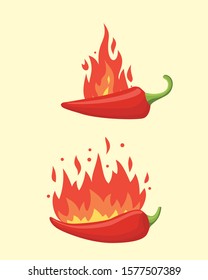 Red hot flamed pepper vector set. Chilli fire peppers in cartoon style.