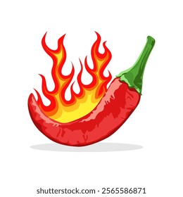 Red hot flaming chili pepper pods Vector Illustration isolated on white. Hot Pepper Surrounded by Fire.