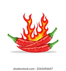 Red hot flaming chili pepper pods Vector Illustration isolated on white. Hot Pepper Surrounded by Fire.