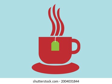 
Red hot infusion cup with hanging infusion sachet. Hot drink. Breakfast