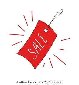 Etiqueta quente vermelha, logotipo, ícone com a venda de inscrição, ilustração desenhada à mão, vetor. Anúncios de descontos sazonais, markdowns, Black Friday. Um elemento de design brilhante, um anúncio em um branco