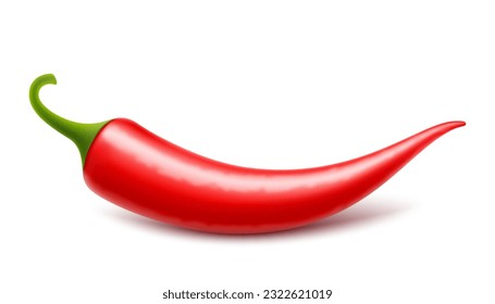 Red hot natural chili pepper pod with shadow isolated on white. Realistic 3d vector illustration. Design for grocery, culinary products, seasoning and spice package, recipe web site decoration