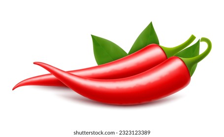 Red hot natural chili pepper pod with shadow isolated on white. Realistic 3d vector illustration. Design for grocery, culinary products, seasoning and spice package, recipe web site decoration