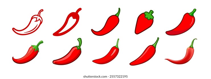 Red hot natural chili pepper icons set. Vector Asian and Mexican spicy food and sauce. Spicy chili pepper isolated on transparent background