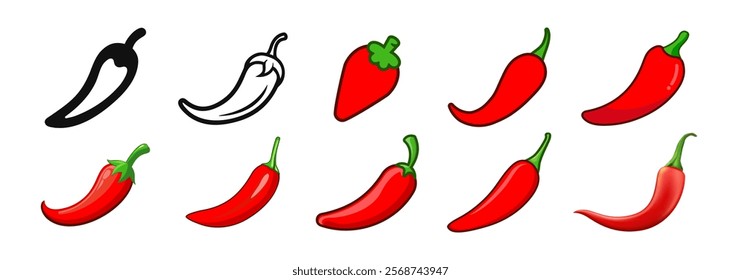 Red hot natural chili pepper icons set. Vector Asian and Mexican spicy food and sauce. Spicy chili pepper isolated on transparent background