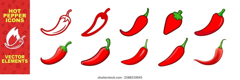 Red hot natural chili pepper icons set. Vector Asian and Mexican spicy food and sauce. Spicy chili pepper isolated on transparent background