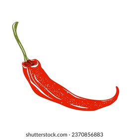 Red hot pepper chili on a white background. Riso print effect. Illustration for textile print design. Screen-cut print of hot pepper red image.