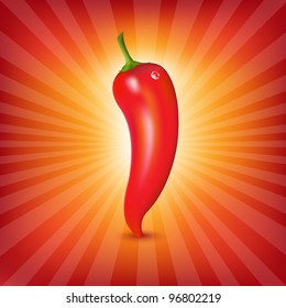 Red Hot Pepper With Sunburst, Vector Illustration