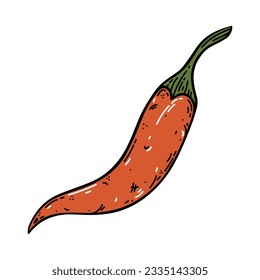 Icono del vector de pimienta caliente roja. Hortalizas frescas de chile. Sinfín de condimentos para la comida mexicana y asiática. Ilustración dibujada a mano aislada en blanco. Sencillo boceto, garabato. Clipart para embalaje, carteles, impresión, web