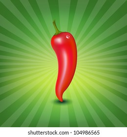 Red Hot Pepper With Water Drop And Green Sunburst, Isolated On White Background, Vector Illustration