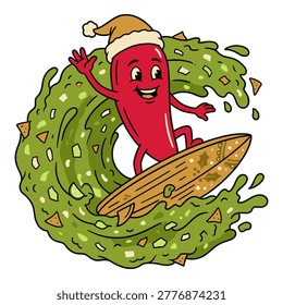Red hot pepper wearing santa hat riding surfboard on splash of creamy avocado dip with tortilla chips and lime.