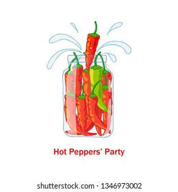 Red hot peppers in jar. Flat vector postcard. Hand drawn party invitation.