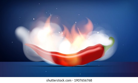 Rote warme Paprika in Brand und Rauch. Chilischoten mit weißen Rauchwolken und Flammen. Fertiges Poster oder Banner für die Werbung. Realistischer Stil. Vektorgrafik.