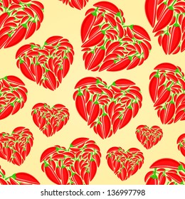 Red Hot Peppers in Shape of Heart on Yellow Background. Vector Seamless Pattern