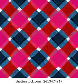 Red, hot pink, and blue plaid pattern with white diagonal lines, grunge lines ikat pattern, striped seamless pattern, Vector illustration background for print the paper.