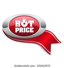 Red hot price button with metallic border and ribbon on white background