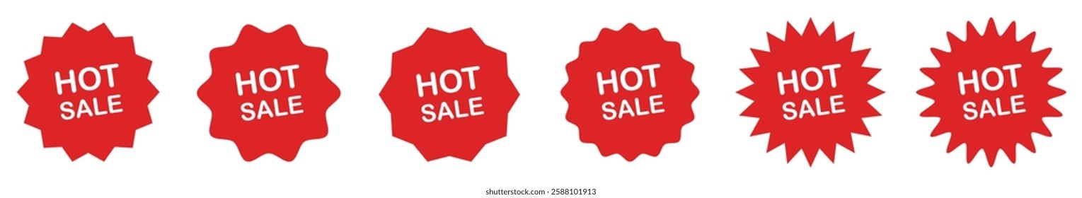 Red hot sale badge set with different starburst and sunburst shapes, promotional discount labels for shopping, marketing, and advertising.