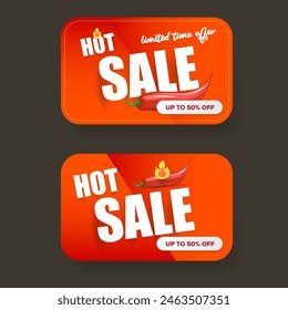 Red Hot sale sticker set with red chili cayenne pepper isolated on grey background. Vector Special hot offer and hot sale red banner, poster,flyer and label collection. 50 Sale sticker or poster