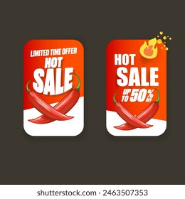 Red Hot sale sticker set with red chili cayenne pepper isolated on grey background. Vector Special hot offer and hot sale red banner, poster,flyer and label collection. 50 Sale sticker or poster