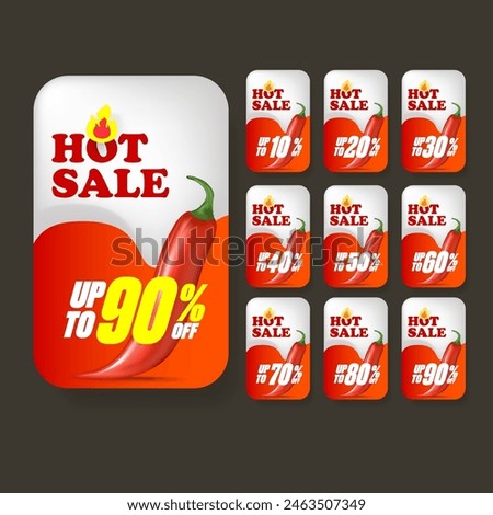 Red Hot sale sticker set with red chili cayenne pepper isolated on grey background. Vector Special hot offer and hot sale red banner, poster,flyer and label collection. 50 Sale sticker or poster