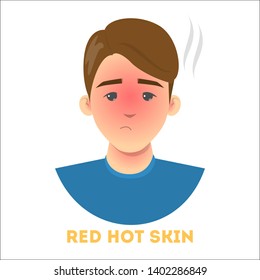 Red hot skin as a symptom of a sunburn. Exhausted man portrait, sun burned skin on face. Isolated vector illustration in cartoon style