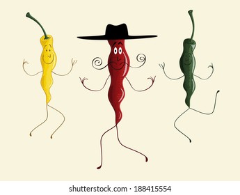 Red and hot! Two chili peppers with funny cartoon faces.