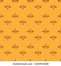 Red Hotdog sandwich with mustard icon isolated seamless pattern on brown background. Sausage icon. Fast food sign. Vector Illustration